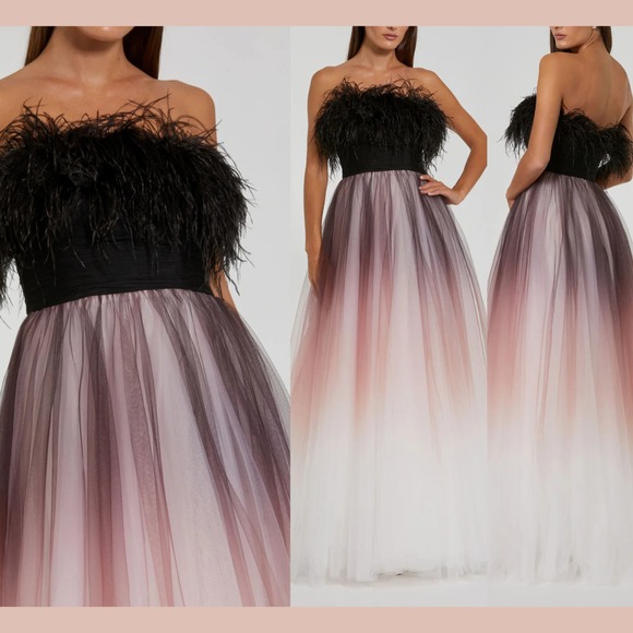 NWT Mac Duggal [ 4 ] 20557 Ombre Strapless Feather Bodice Tulle Gown Black J1603 - Picture 1 of 13